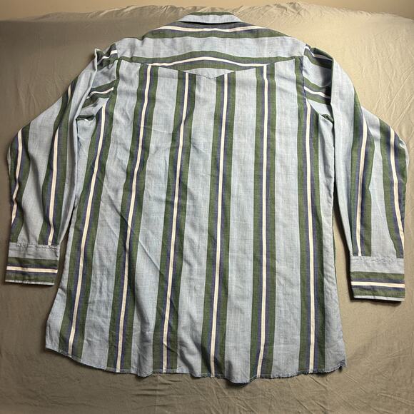 Vintage Wrangler Western Pearl Snap Shirt Mens XLT Tall Vertical Striped Green - Picture 2 of 14